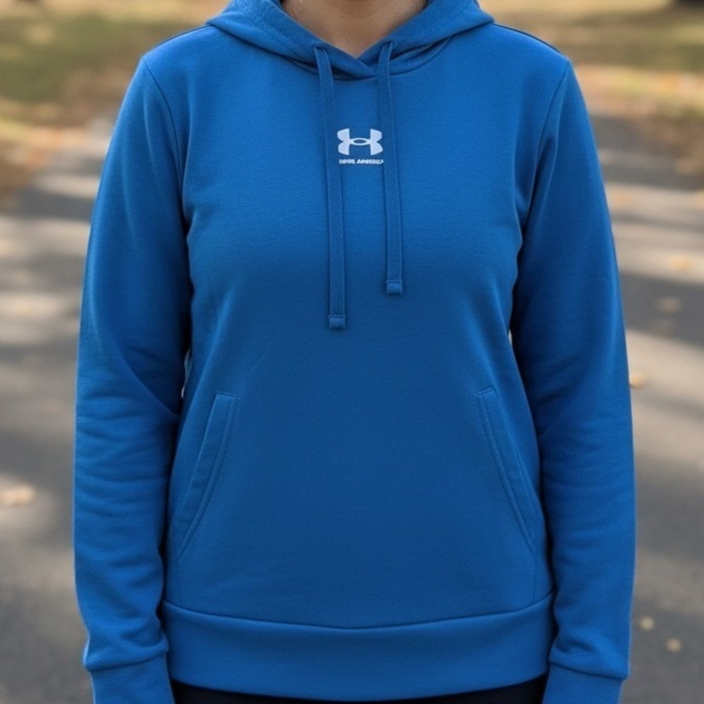 Under Armour Womens Loose Fit Pullover Hoodie Blue White Logo Small 3738